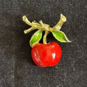 Vintage Red Apple Brooch with Gold Branch